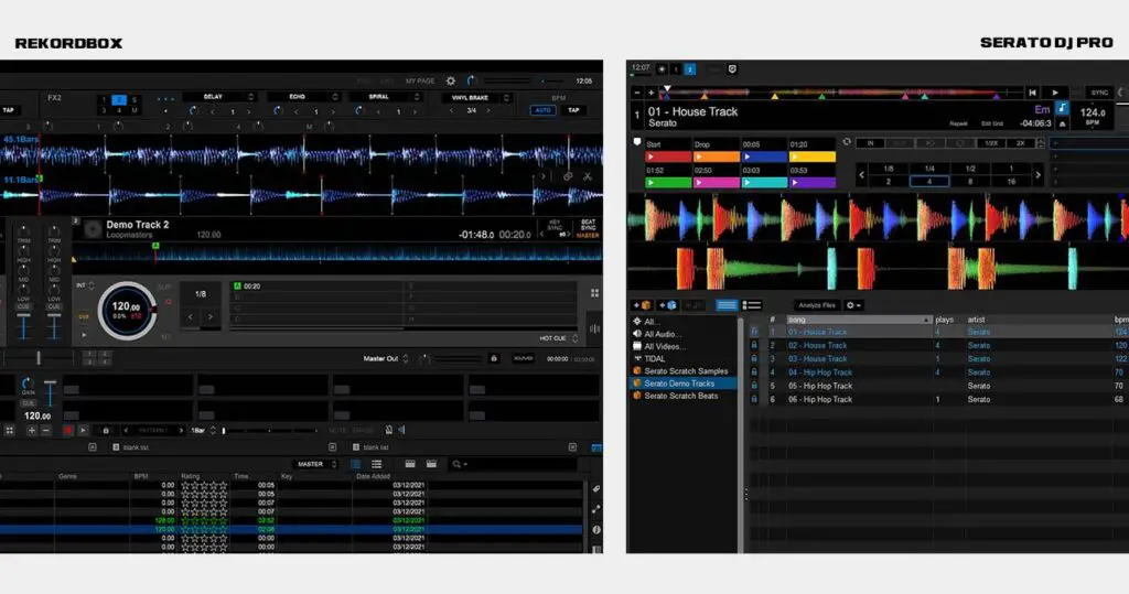 This is how Rekordbox and Serato DJ Pro user interfaces look when your hardware unlock DJ device is not connected to your computer.