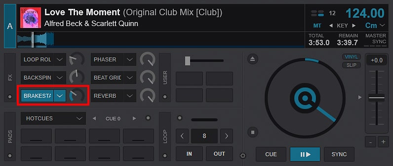 The "Brake Start/Stop" effect is available under the name "BreakStart" right from the default FX menu located on the right side of each deck.