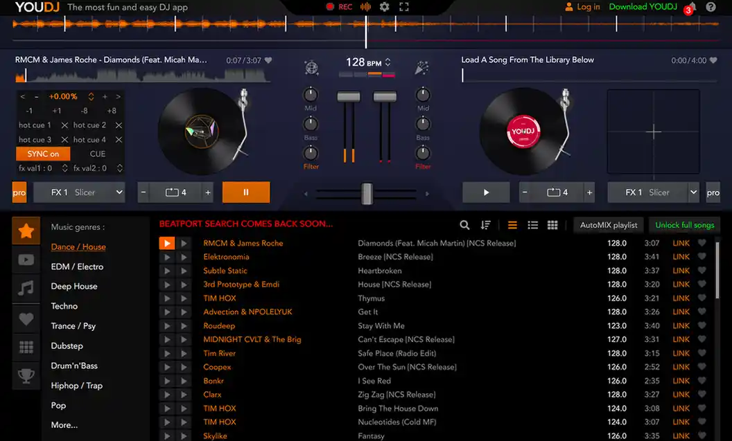 YOUDJ web app with two decks and mixer controls.