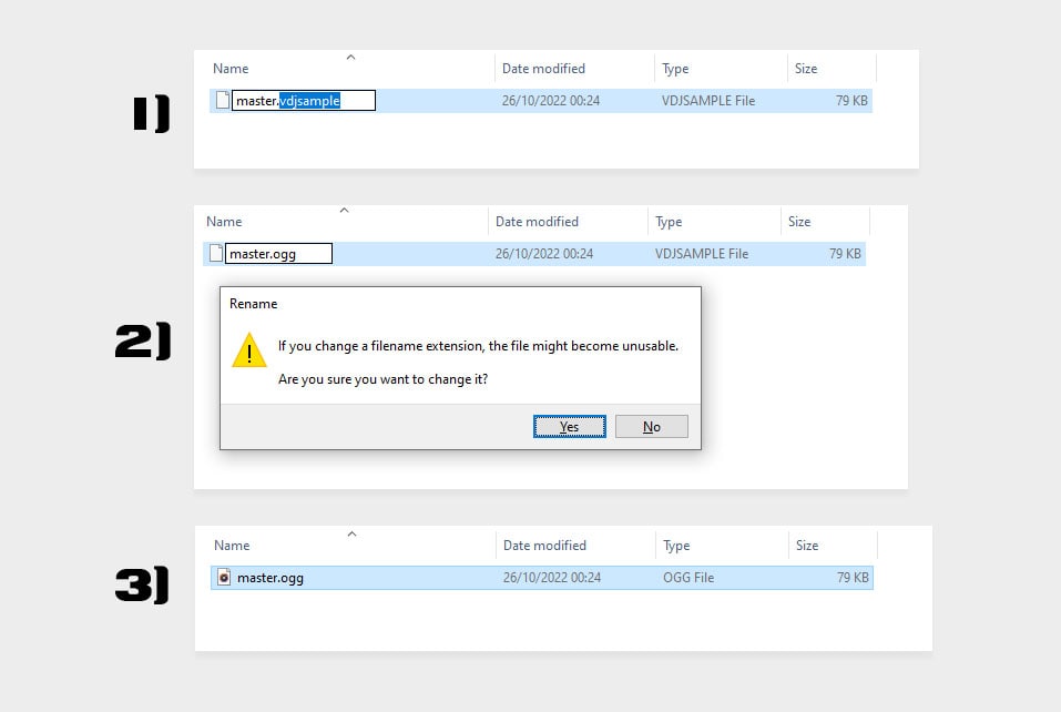 Here are the 3 simple steps to convert .vdjsample files to proper .ogg audio files (Windows 10 example).