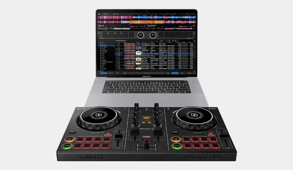 Pioneer DDJ-200 next to a MacBook Pro.