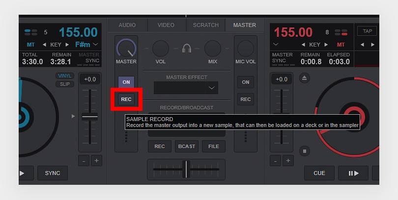 Clicking the left REC button will start recording a sample from your master audio output. The left button does the same for the mic output.