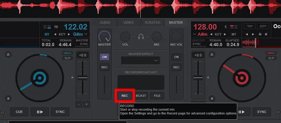 Clicking this button will start your mix recording. Clicking it again, will save the recording file.
