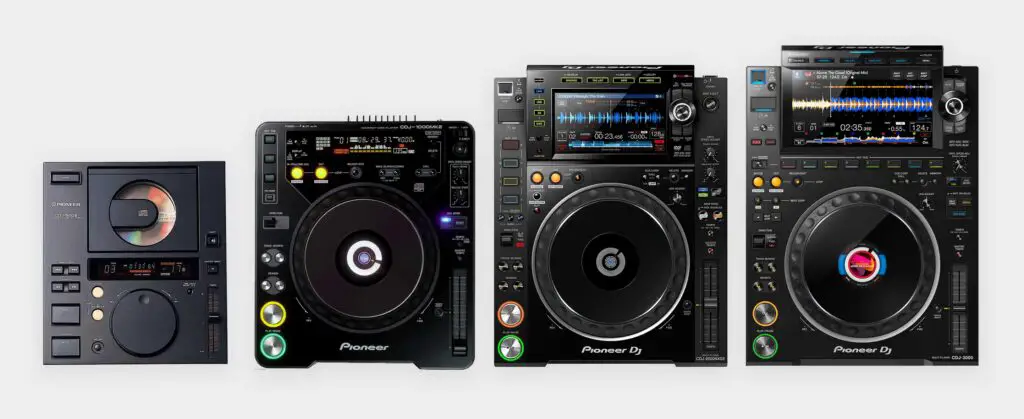 Here are some examples of Pioneer CDJ players beginning with one of the first CDJs - the CDJ-500 (from left to right: CDJ-500II, CDJ-1000MK2, CDJ-2000NXS2, CDJ-3000). 