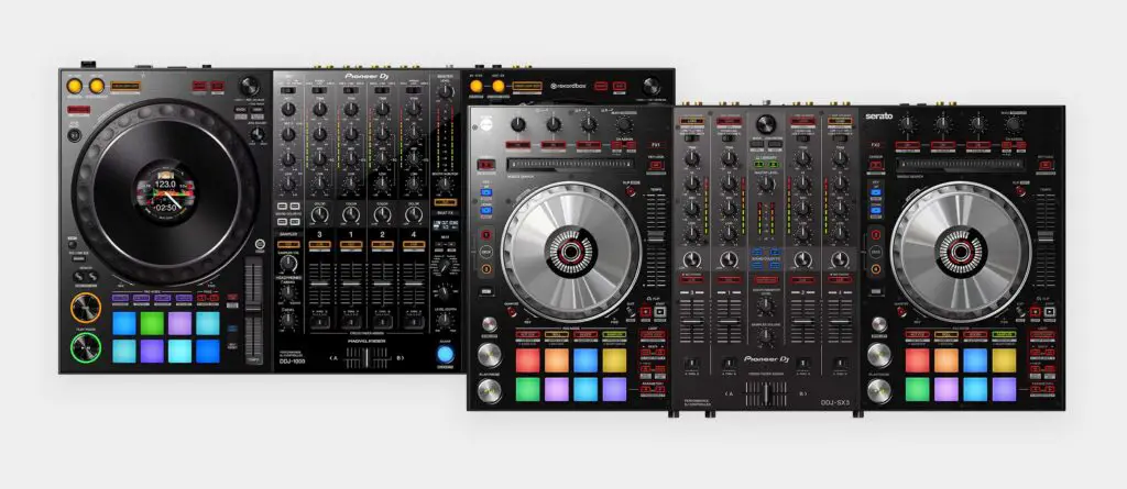 Two examples of Pioneer DDJ controllers - the Pioneer DDJ-1000 (left) and the Pioneer DDJ-SX3 (right).