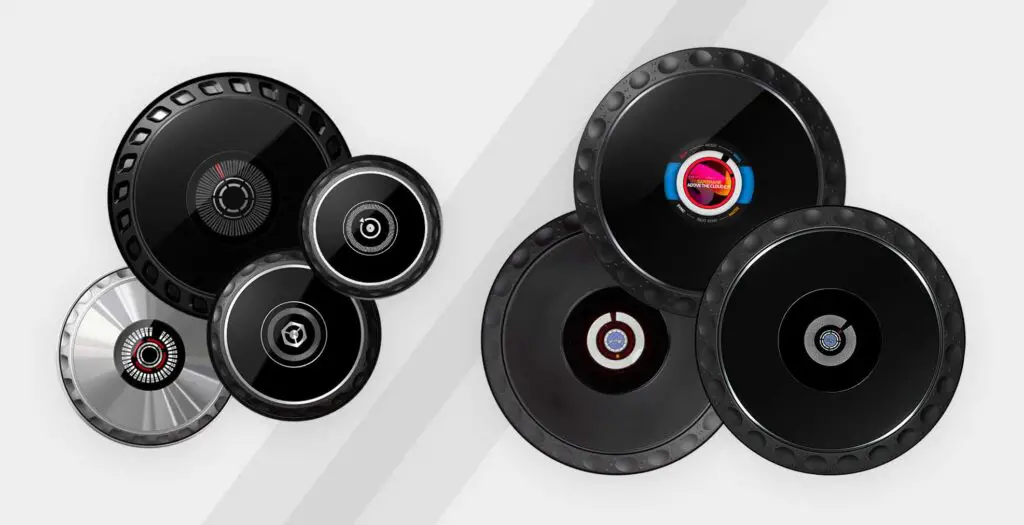 Left: capacitive jog wheels typically found on DJ controllers, right: mechanical jog wheels present on Pioneer CDJ players.