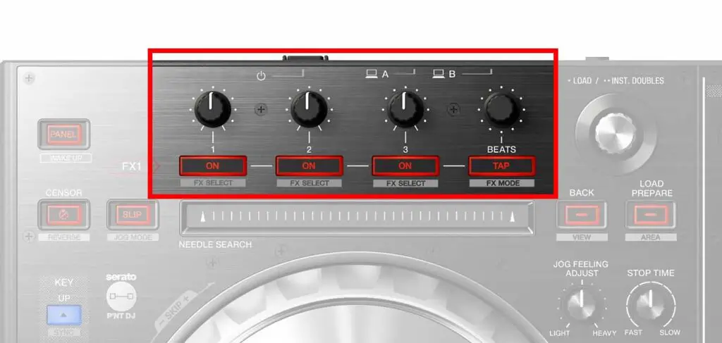 Pioneer DDJ-SZ2 makes use of traditional Serato style FX control scheme (that allows you to mix up to 6 different FX on one audio channel at once).