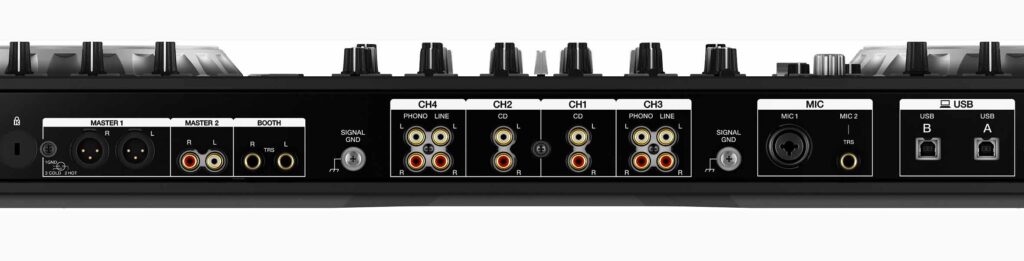 DDJ-SZ offers a wide range of audio inputs and outputs, as well as double USB cable input on the back (click the image to open the full-res version.