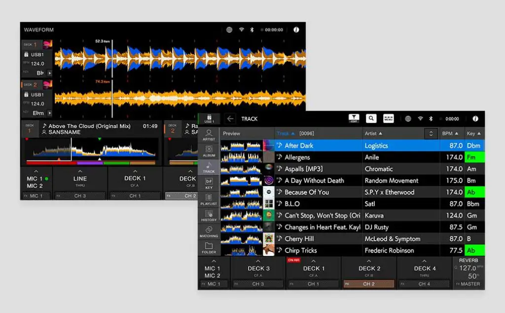 Example of the track waveform view and the music library view on the Pioneer DJ OPUS QUAD touch display.