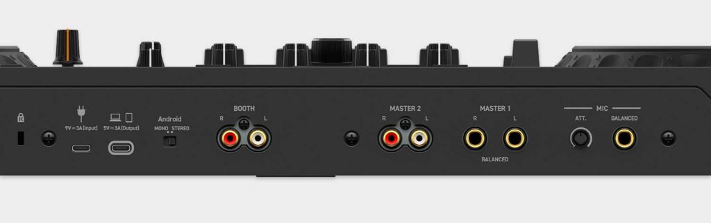 Audio inputs and outputs on the back of the AlphaTheta DDJ-GRV6.