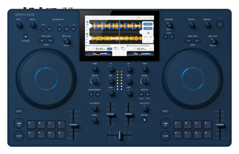 AlphaTheta OMNIS-DUO portable all-in-one DJ system top view.
