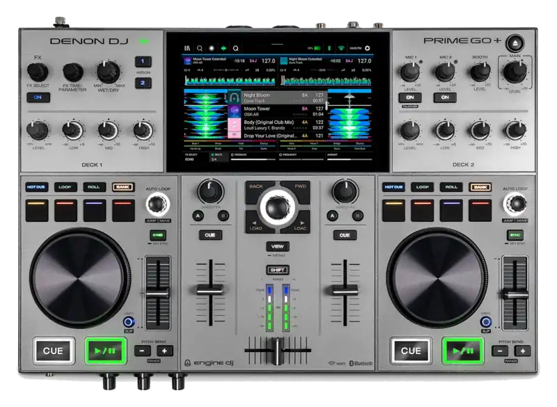 Denon DJ PRIME GO Plus portable standalone DJ system top view.