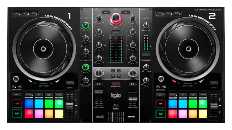 Hercules DJControl Inpulse 500 DJ controller product view.