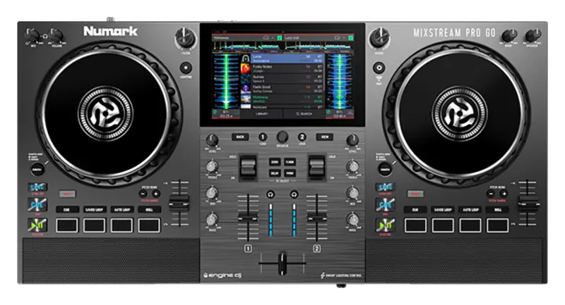 Numark Mixstream Pro Go portable standalone DJ system top view.