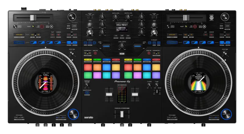 Pioneer DJ DDJ-REV7 motorized DJ controller top view.
