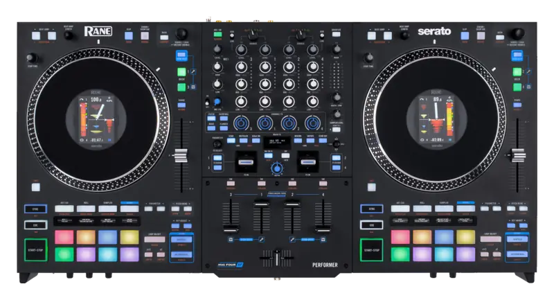 Rane Performer four-channel motorized DJ controller top view.