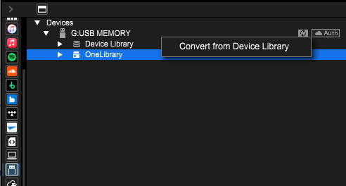 Rekordbox OneLibrary context menu showing Convert from Device Library.