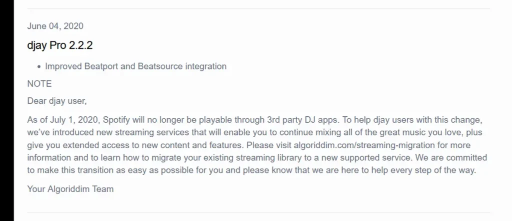 The archival notice from the Algoriddim djay release notes.