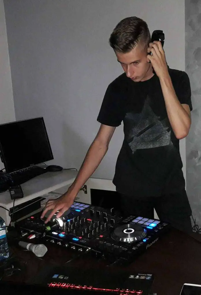 DJ setup with a first-generation Pioneer DDJ-SX controller.